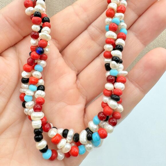 Artisan Pearl Glass Bead Triple Strand Twisted Necklace Box Clasp Red White Blue - Picture 7 of 9